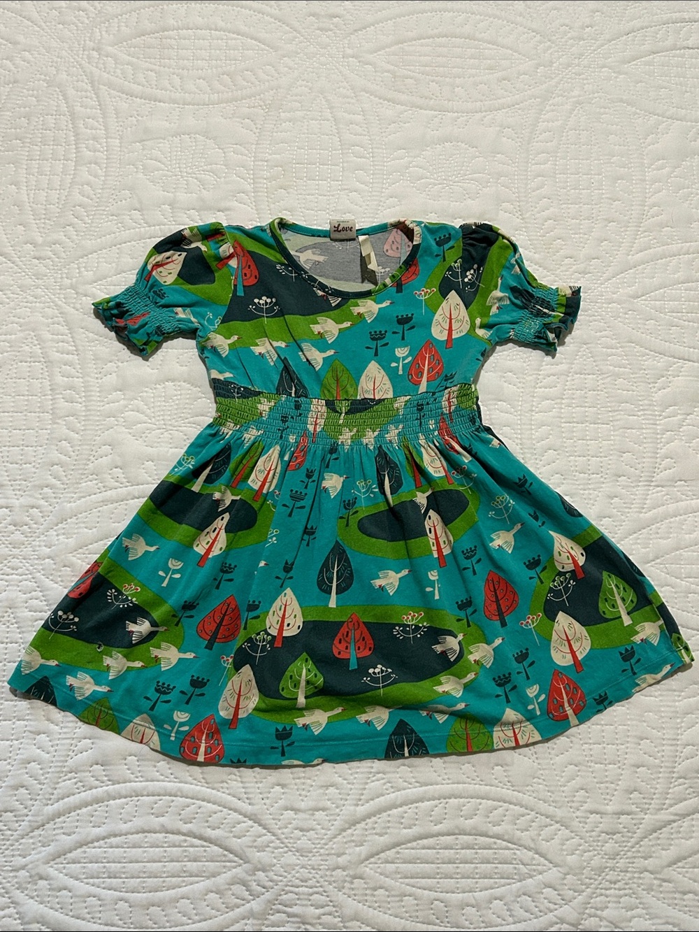 Matilda Jane Teal Dress with Multicolor Tree & Bird Print Sz:2